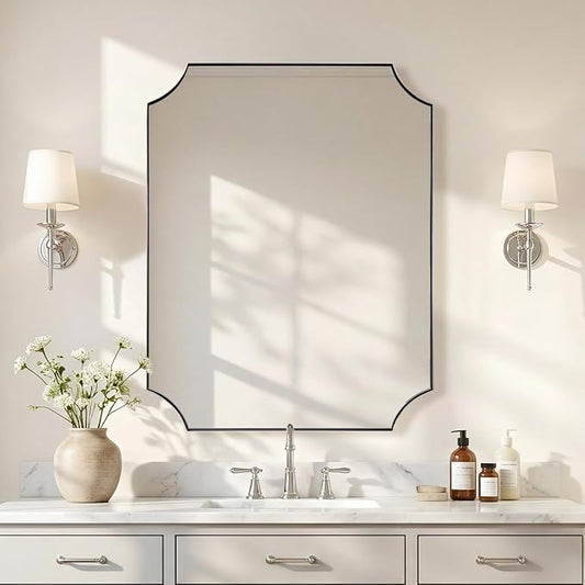 ANDY STAR 28x36 Inch Chrome Bathroom Mirror, Scalloped Mirror for Bathroom, Polished Chrome Mirror in Anti-Rust Stainless Steel Metal Thin Frame Deep 1", Hangs Vertically or Horizontally