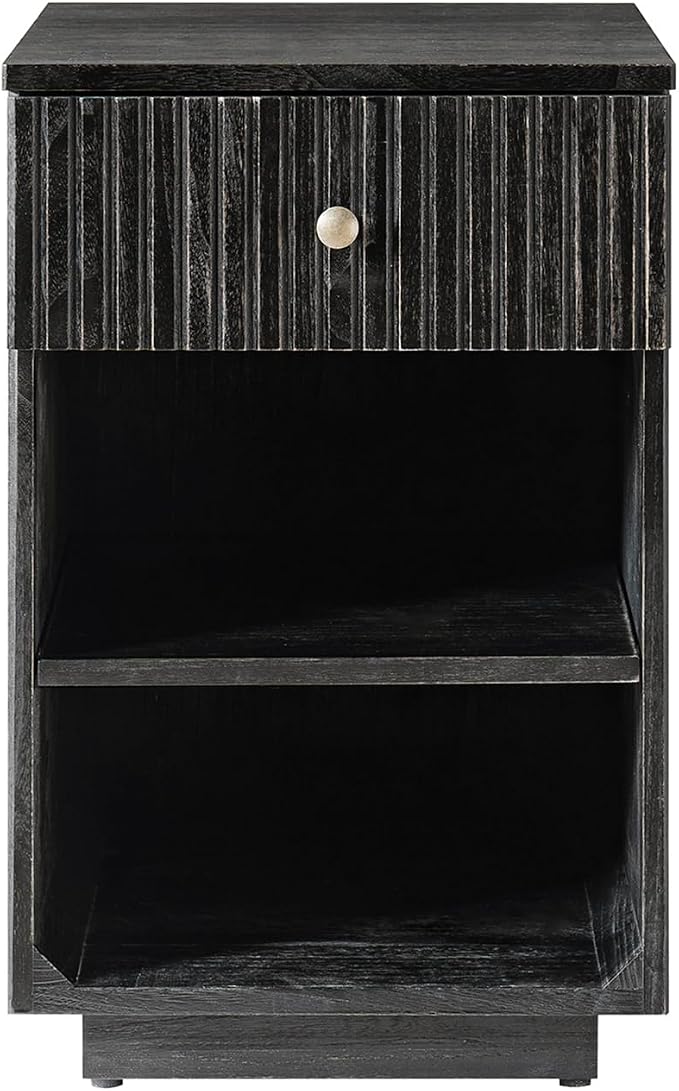 HULALA HOME Mid-Century Modern End Table with Drawer and Open Shelves, Solid Paulownia Wood Side Table, Brass Knob, No Assembly Required(Charcoal)