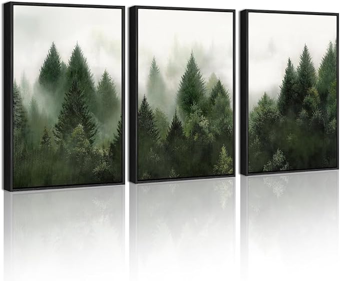KUVIOKE Morden Green Fog Pine Tree Framed Canvas Wall Art Nature Nordic Forests Artwork Painting Bedroom Decor 12x16in (Black Framed)