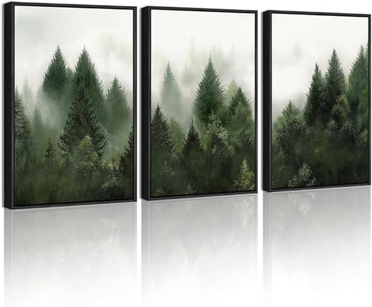 KUVIOKE Morden Green Fog Pine Tree Framed Canvas Wall Art Nature Nordic Forests Artwork Painting Bedroom Decor 12x16in (Black Framed)