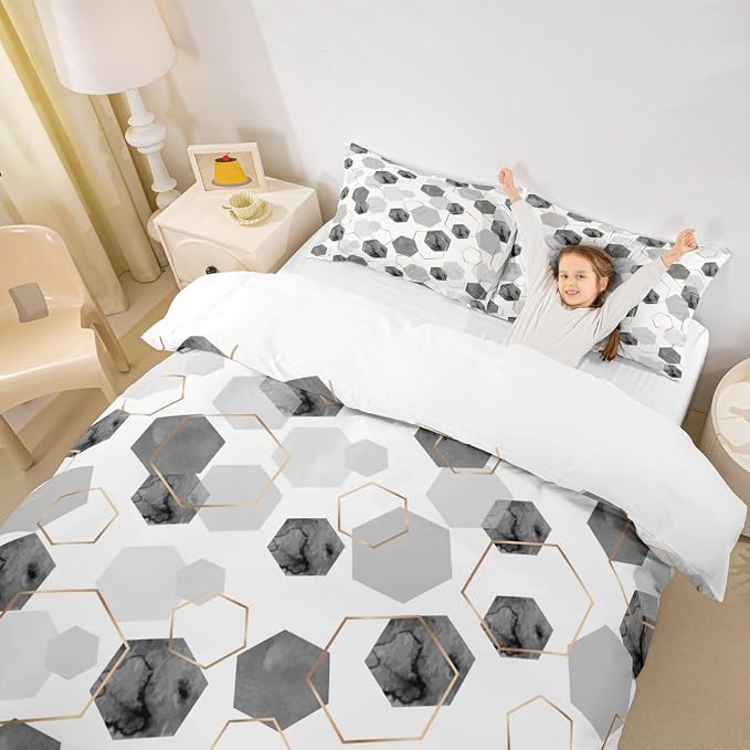 Erosebridal Grey Modern Duvet Cover Full - Marble Geometric Minimalist Bedding Set, Fresh Abstract Geometric Art Decor Bed Set for Boys Girls Watercolor Hexagon Bed Cover with 2 Pillowcases
