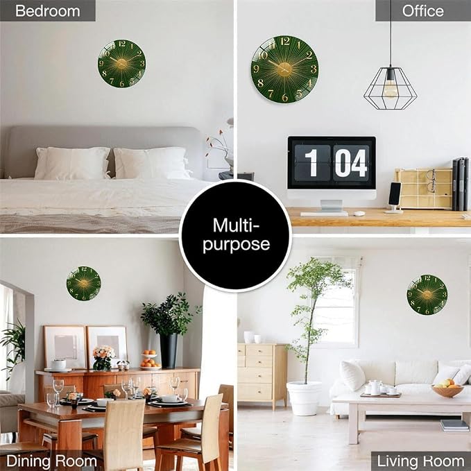 24 Inch Green Sunburst Glass Wall Clock Silent Art Decor | Silent glossy clock with an emerald green sunburst and gold numbers, elegantly tracking time for your living room
