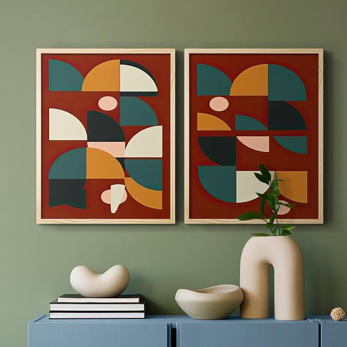 Renditions Gallery Set of 2 Peel & Stick Framed Prints, Mid Century Abstract Wall Art, Modern Geometric Shapes Wall Decor, Re-Stickable - Ready to Hang - 22"x28" - NATURAL WOOD Frame LT588