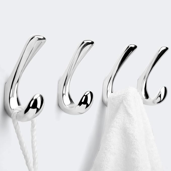 4 Pack Towel Hooks for Bathrooms Wall Mounted, Polished Chrome Bathroom Hooks for Towels, Robe & Towel Hook for Wall, Modern Bath Towel Hook