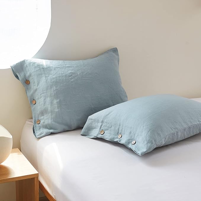 Simple&Opulence 100% Linen Duvet Cover Set 2pcs with Coconut Button Closure Natural French Washed Flax Solid Color Soft Breathable Farmhouse Bedding - Dusty Blue, Twin Size