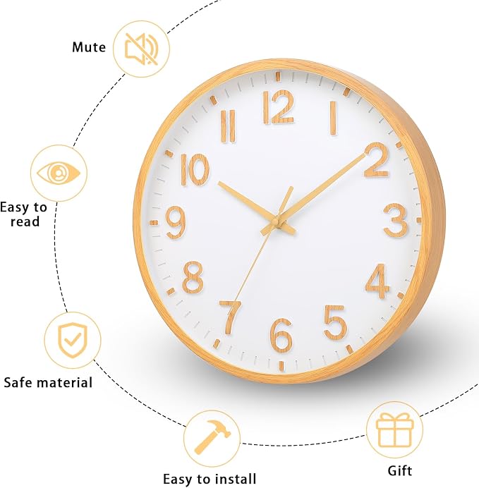 Wall Clocks Battery Operated 12 inch Modern Wall Clock,Silent Non Ticking Wall Clock for Living Room Bedroom Kitchen Office Classroom Decor (Wood Grain Yellow White)