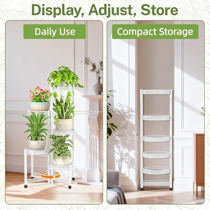 iDavosic.ly Plant Stand Indoor Outdoor, 5 Tier Corner Metal Flower Display Holder Shelf, Folding Tall Orchid Rack for Patio Balcony Porch Garden Living Room House, Wrought Iron - White