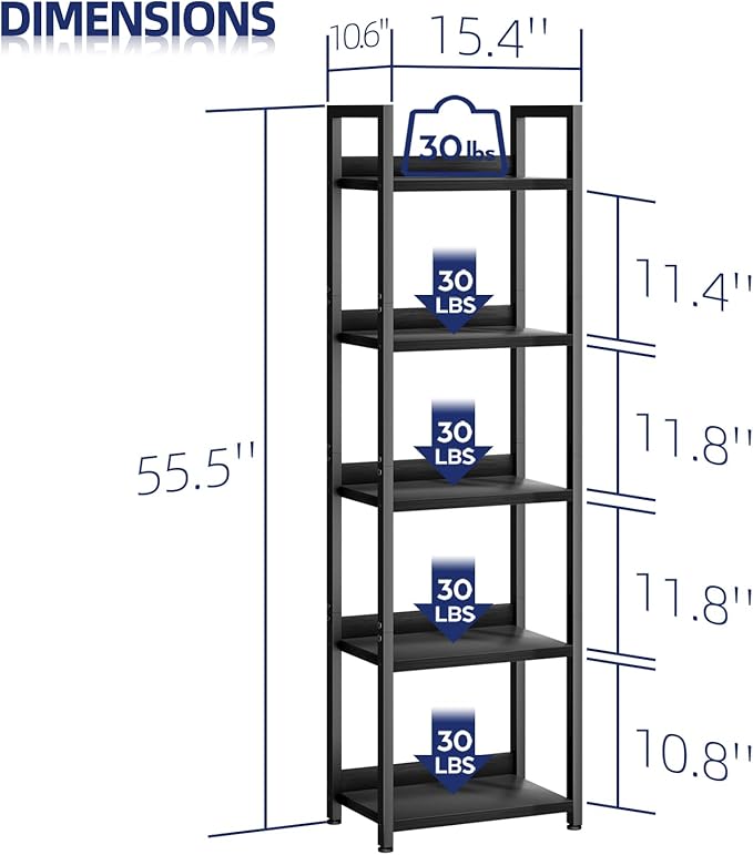 NUMENN Narrow Bookshelf, 5 Tier Bookshelves, Home Office Bookcase Shelf Storage Organizer, Free Standing Storage Shelving Unit for Bedroom, Living Room and Home Office, Black