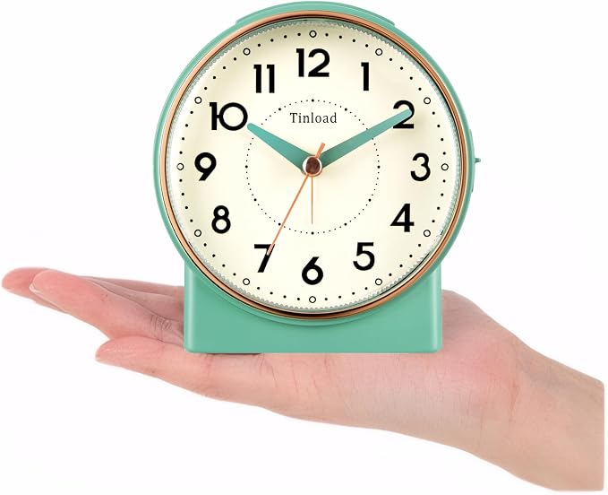 Tinload 4.3" Retro Analog Alarm Clock, Vintage Decor, No Ticking Silent, Easy to Set, Gradual Rise Alarm, On/Off Switch on Side, Gentle Wake, Snooze, Lighted on Demand, Battery Operated, Retro Green