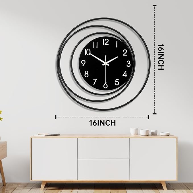 16inch Decorative Wall Clock, Silent Non-Ticking Quality Quartz Battery Operated, Large Wall Clock for Living Room Kitchen Home Bathroom Bedroom Wall Decor, Black