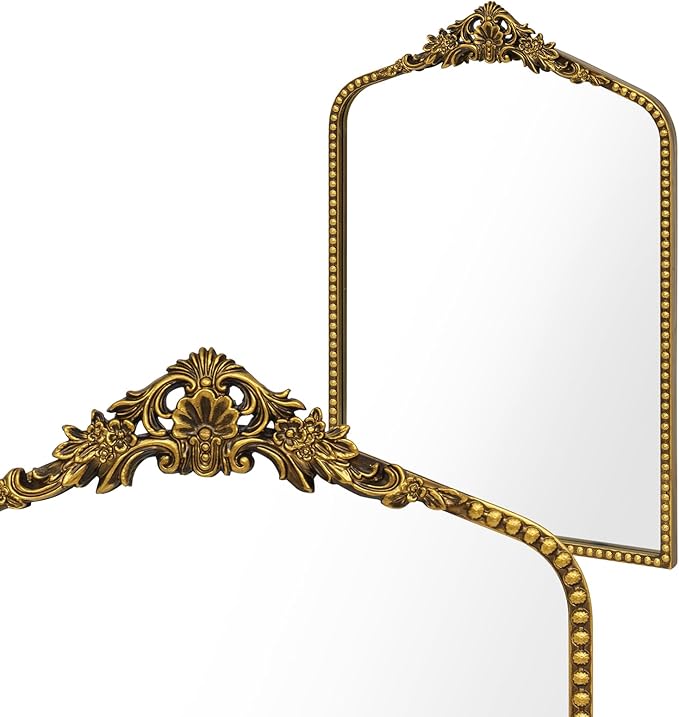 Gold Baroque Mirror Antique 19x28 Inches - Vintage Arched Mirror with Ornate Gold Frame for Entryway, Narrow Hallway & Bathroom Wall Decor