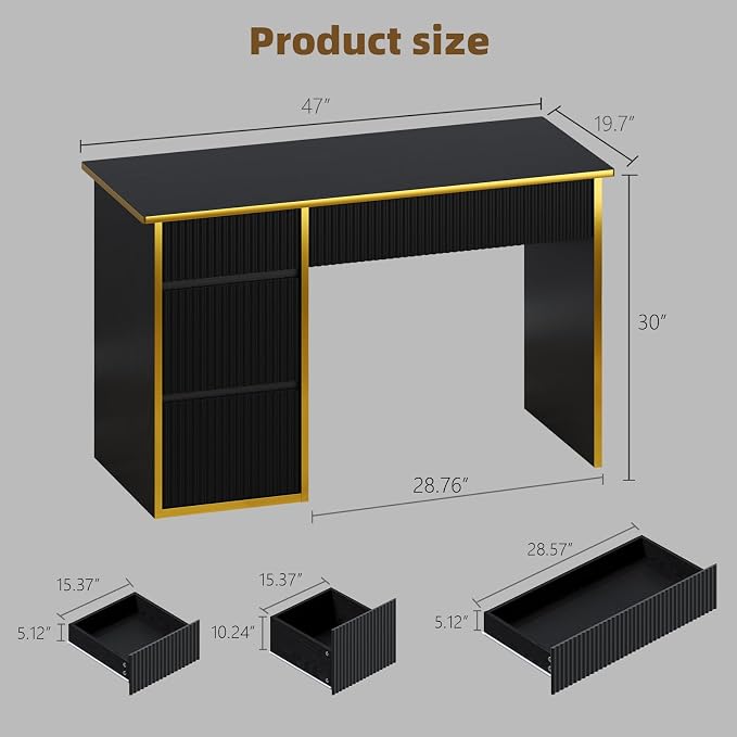 4 EVER WINNER Computer Desk with Drawers, 47'' Fluted Small Desk for Bedroom, Wood Office Desk with File Drawers for Study, Living Room, Black and Gold