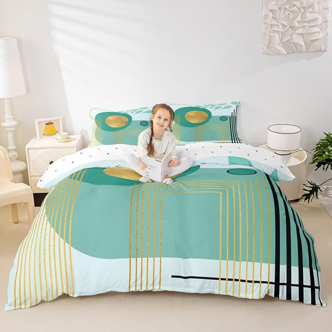 Erosebridal Boho Mid Century Twin Comforter Cover Turquoise Neutral Modern Duvet Cover Geometric Abstract Bed Set Minimalist Aesthetic Bedding Set
