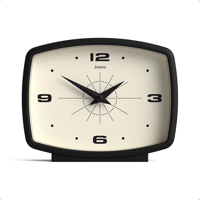 JONES CLOCKS® Film Desk Clock | Retro Rectangular Design | Black | Retro Design, Blending mid-Century Style with a Punchy Modern Finish for Shelf, Table, Mantel or Bedside