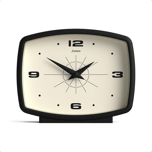JONES CLOCKS® Film Desk Clock | Retro Rectangular Design | Black | Retro Design, Blending mid-Century Style with a Punchy Modern Finish for Shelf, Table, Mantel or Bedside