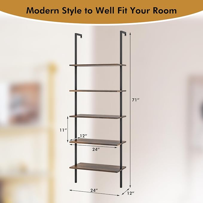 Giantex 5 Tier Wall Mounted Bookshelf Set of 2, 71'' Modern Wood Bookcase with Steel Frame, Stand Display Storage Rack Organizer Ladder Shelf for Living Room, Kitchen, Rustic Brown