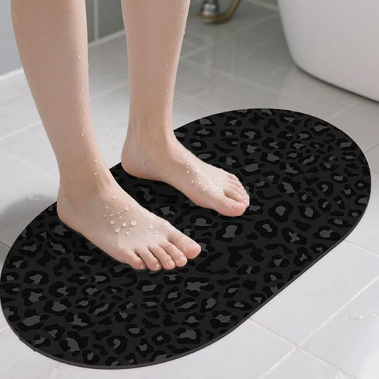 Bathroom Rug Mat Abstract Black Leopard Oval Bath Mat Doormat Absorbent Quick Dry Non Slip Diatom Mud Mat for Shower Tub Sink Laundry Kitchen Doorway 23.6x15.7 Inches