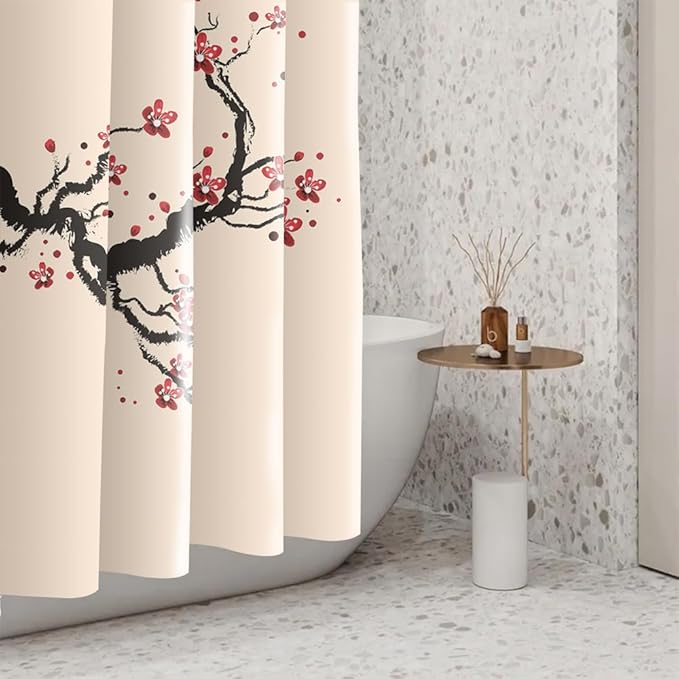 Cherry Blossom Shower Curtain Chinese Traditional Antique Ink Painting Art Plum Floral Shower Curtains Stall Bathroom Accessories Waterproof Polyester Fabric with Hooks, 36 x 72 Inch