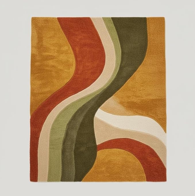 Retro Wave Area Rug, Multicolor Abstract Curved Stripes, Mustard Yellow Rust Orange Olive Green Cream, Modern Bohemian Style (10 * 16 feet)