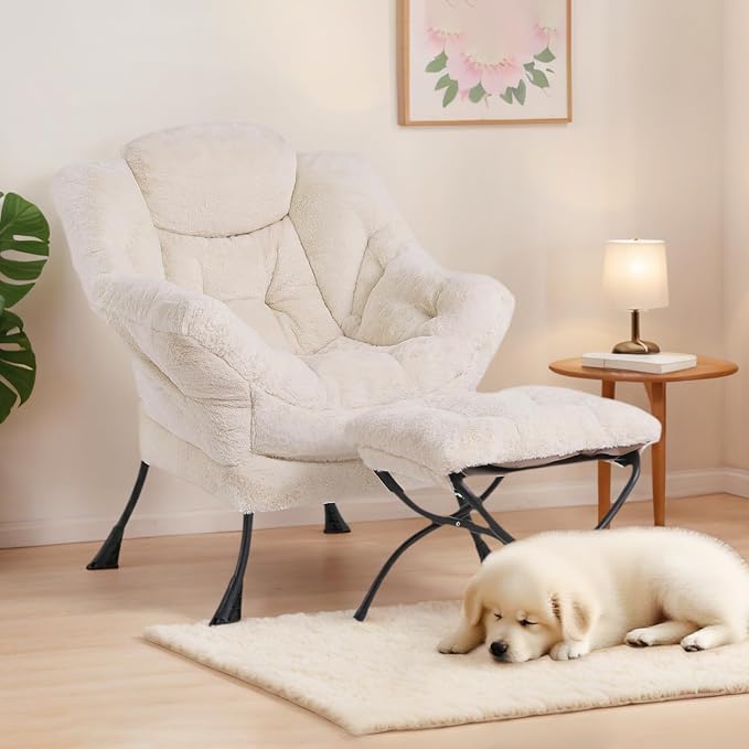 Tiita Lazy Chair with Ottoman, Beige Modern Large Accent Chair, Comfy Leisure Sofa Armchair with Ottoman, Reading Chair with Footrest for Bedroom, Living Room, Dorm Rooms, Plush Beige