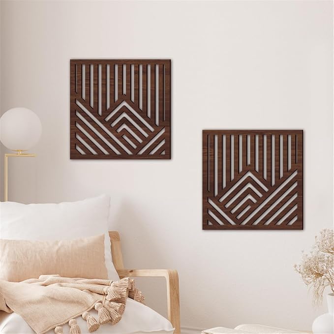 Geometric Mountain Wood Wall Art Decor, 2 Pcs Modern Mountain Wall Sculptures Wooden Square Hanging Abstract Panels, 3D Square Hollow Wood Art Wall Decor for Home Office Living Room Bedroom (Brown)