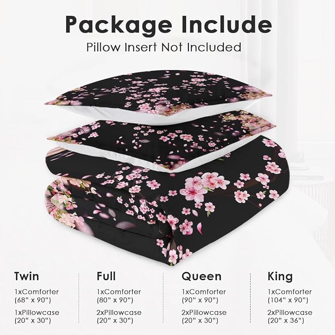 WeCozy Queen Size Comforter Set with 2 Pillowcases, Spring Pink Tree Cherry Soft 3 Pcs Bedding for Kids and Adults Bedroom Bed Decor