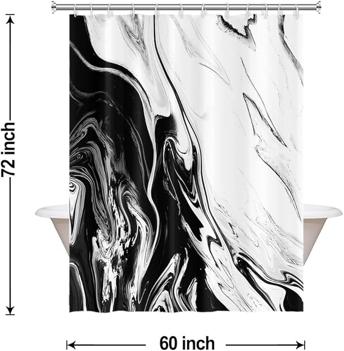 Black and White Shower Curtain, Modern Abstract Black Marble Shower Curtain for Bathroom Aesthetic Ink Texture Waterproof Shower Curtain Set with Hooks, 60x72 Inch