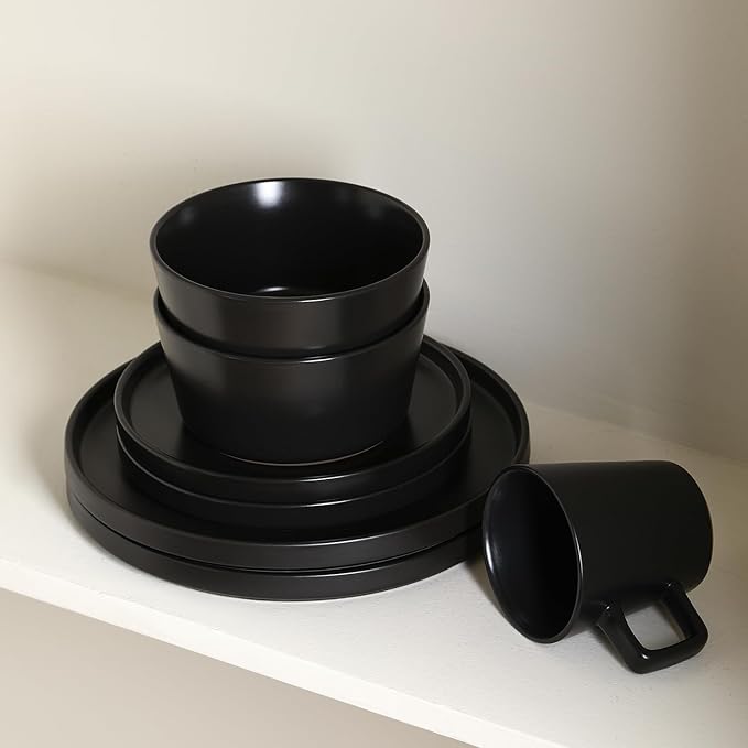 Stone Lain Celina Stoneware 16 Piece Modern Dinnerware Set, Plates and Bowls, Black Matte, Service for 4, Microwave & Dishwasher Safe