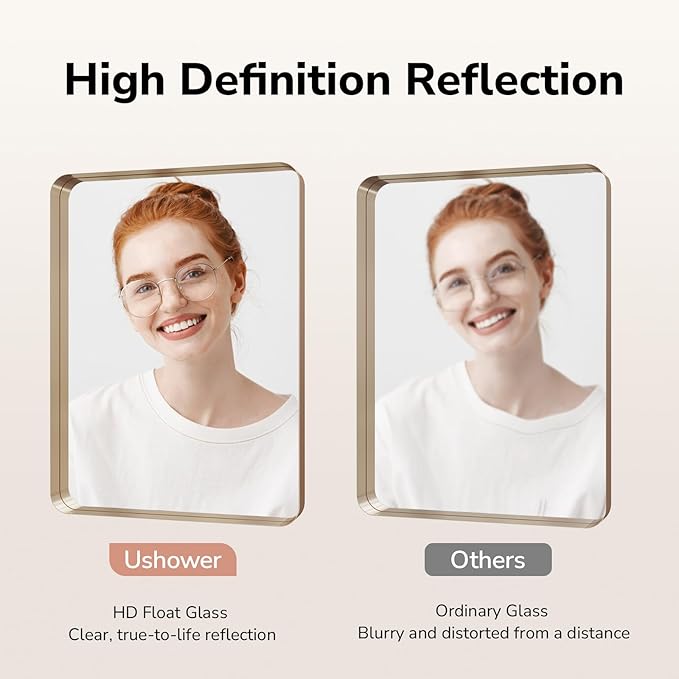 USHOWER Gold Bathroom Mirror 30"x40", Brushed Gold Rectangle Mirror for Over Sink, Aluminum Frame, Anti-Rust, Tempered Glass, Horizontal or Vertical Mounted, Champagne Gold (Neutral Gold)