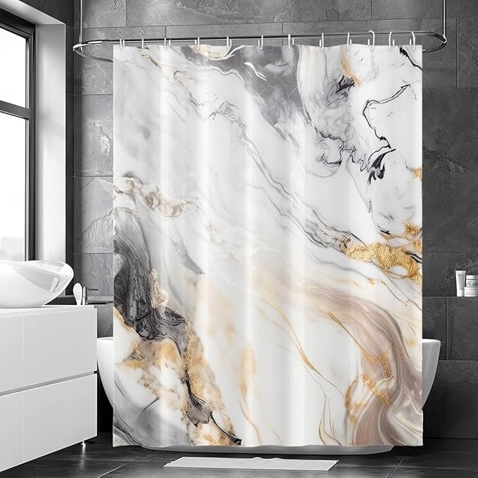 Grey and White Shower Curtain, Modern Grey Marble Shower Curtain for Bathroom Aesthetic Waterproof Shower Curtain Set with Hooks, 72x84 Inch