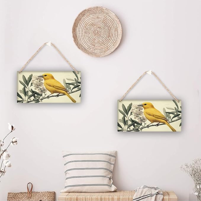 Artistic Retro Yellow Bird on Floral branches Wooden Wall Art, Botanical Home Decors for Vintage Lovers, 12x6 Inch Wood Sign to Add Charm to Your Study