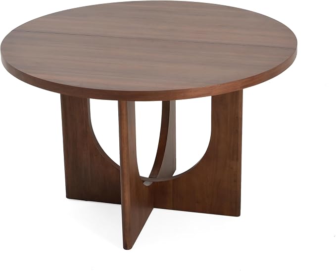 Merax 5-Piece Retro Dining Set - 48" Round Cross-Leg Table & 4 Upholstered Chairs, Mid-Century Modern Kitchen Set with Rubberwood Frame for Kitchen Dining Room, Cappuccino+Walnut