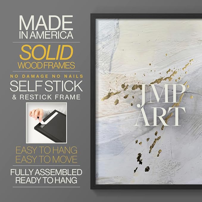Renditions Gallery Set of 2 Peel & Stick Framed Prints, Modern Abstract Wall Art, Gold Sprinkle Oil Painting Wall Decor, Re-Stickable - Ready to Hang - 16"x20" - Black Frame LT588