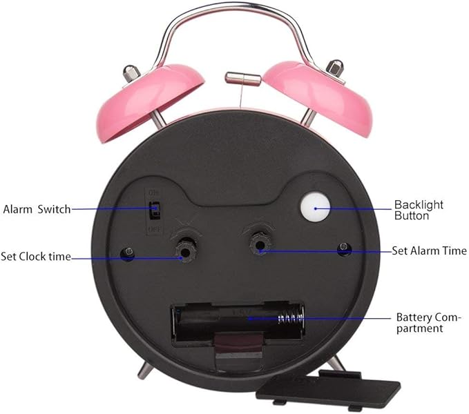 Peakeep 4 Inches Twin Bell Loud Alarm Clock for Heavy Sleepers Kids, Battery Operated Old Fashioned Alarm Clock (3D-Dial, Pink)