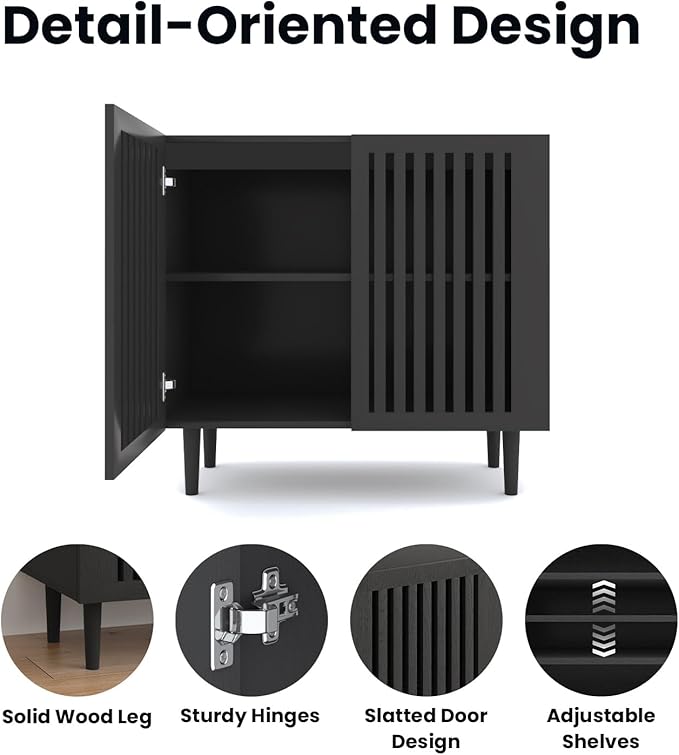 CHUWELL Farmhouse Storage Cabinet Set of 3, 94.5" Buffet Cabinet with 6 Doors and Adjustable Shelf, Sideboard Coffee Bar with Solid Wood Feet for Kitchen,Dining Room,Living Room,Black
