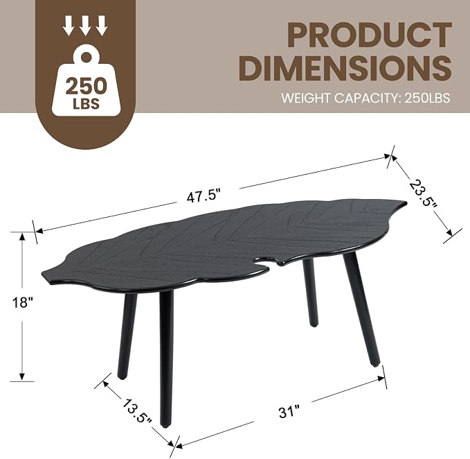 DUOMAY Mid-Century Modern Small Coffee Table, Solid Leaf-Shaped Wood Coffee Table for Living Room, Easy Assembly Center Table End Table with Wood Leg, Side Table for Bedroom Small Space, Black