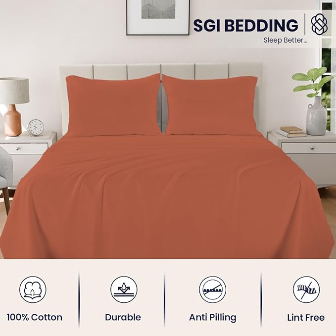 SGI bedding 100% Egyptian Cotton Sheets King Size – 600 Thread Count Sheets Set, Soft, Cooling, 15" Deep Pocket, Luxury Hotel Bedding, Breathable, Durable - Terracotta