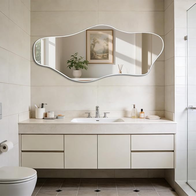 Irregular Wall Mirror, 54.5"x24" Silver Asymmetrical Tempered Glass Mirror, Large Frameless Organic Shaped Mirrors for Entryway Hallway Bedroom Living Room, Horizontal or Vertical Hanging