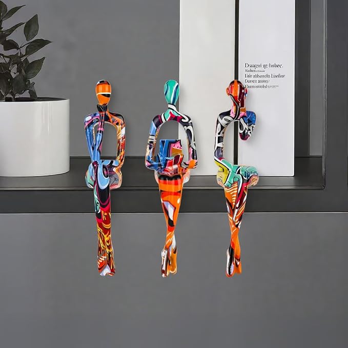 3-Piece Graffiti Abstract Women Thinker Sculptures, Colorful Resin Modern Art Figurines for Home Living Room Office Shelf Table Desk Bookshelf Decor