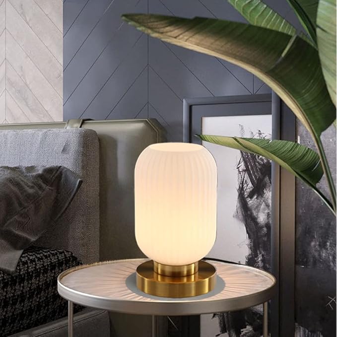 Modern Glass Table Lamp with Ribbed Shade, White, 10.6 x 5.9 inches, E26, for Bedside Bedroom Living Room Office