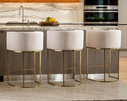 Contemporary Cream Linen Bar Stools Set of 3, 29" Upholstered Fabric Counter Height Barstools Kitchen Counter Island Stools with Screwed Together Golden Metal Base