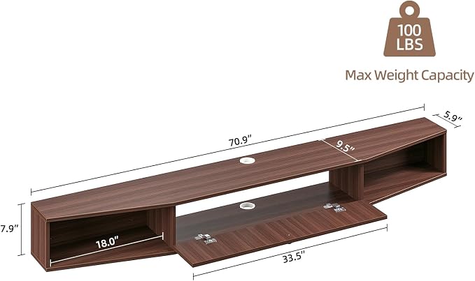 70inch Floating TV Stand, Plywood Wall Mounted Media Console with 1 Flip Down Door & 4 Open Shelves, Modern Floating Entertainment Center with Wire Management for Living Room, Walnut