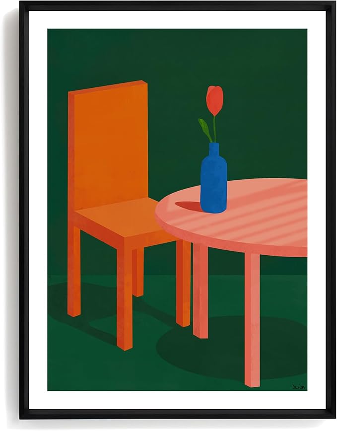 Framed Modern Interior Wall Art for Living Room, 12x16 Inch Abstract Chair and Tulip Print, Minimalist Geometric Artwork for Walls with Matte Black Metal Frame, Bedroom Office Wall Decor