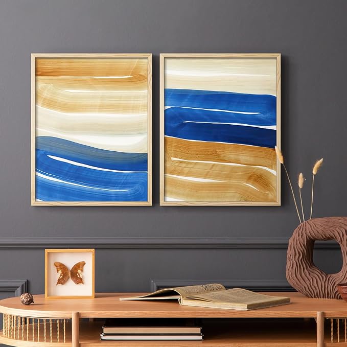 Renditions Gallery Set of 2 Peel & Stick Framed Prints, Abstract Wall Art, Blue and Gold Wave Textured Background Wall Decor, Re-Stickable - Ready to Hang - 8"x10" - NATURAL WOOD Frame LT588