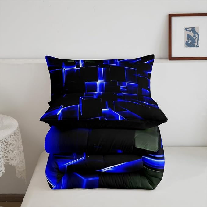 Erosebridal Abstract Comforter Set, Modern Geometric Grid Square Twin Bedding Sets, Blue Black Honeycomb Duvet Insert Soft Microfiber Polyester Bed Set for Kids Boys Bedroom
