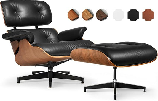 Top Black Grain Leather, Mid Century Chaise Lounge Chair and Ottoman, Leather Accent Chair, Modern Chair, Classic Design, Heavy Duty Base Support for Living Room Lounge Office, Walnut, Heightening