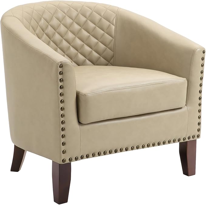 UIXE Faux Leather Accent Chair, Barrel Club Chair Upholstered Armchair for Living Room, Comfy Modern Round Arm Chair Bedroom Reading Seat - Beige