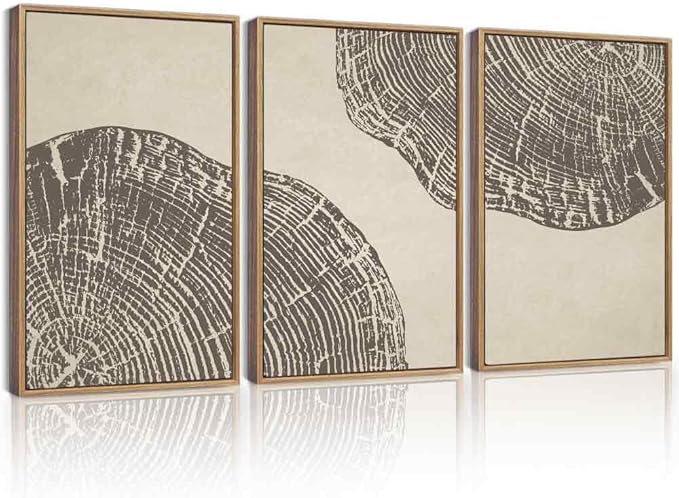 KUVIOKE Framed Tree Rings Wood Wall Art Modern Retro Beige Wood Stump Wall Decor Nature Rustic Art Print for Farmhouse Living Room Bedroom 16x24in (Natural Framed)