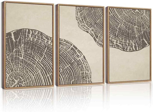 KUVIOKE Framed Tree Rings Wood Wall Art Modern Retro Beige Wood Stump Wall Decor Nature Rustic Art Print for Farmhouse Living Room Bedroom 16x24in (Natural Framed)