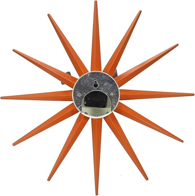 SHISEDECO Modern Sunburst Clock in Orange Color, Non Ticking Wooden Mid Century Retro Design Decorative Silent Wall Quartz Clocks for Home, Kitchen, Living Room, Office and Bedroom etc.